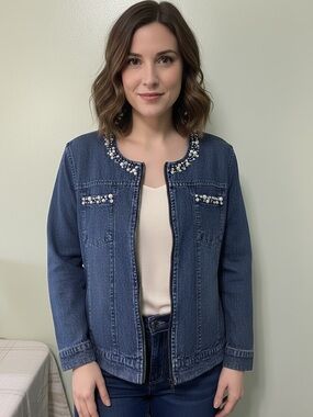 Life Style Cotton Denim Jacket Embellished with Rhinestone and Pearls Size M